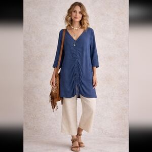 Bryn Walker Blue Ruched Front Tunic Top | Artsy Lagenlook Boho Minimalist - S